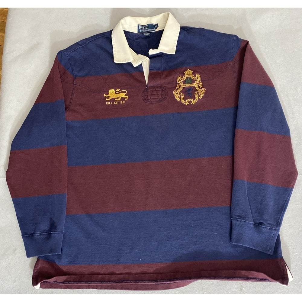 Polo Ralph Lauren Rugby Shirt Crest -#5 Blue Maroon Striped Men's Size XL VTG